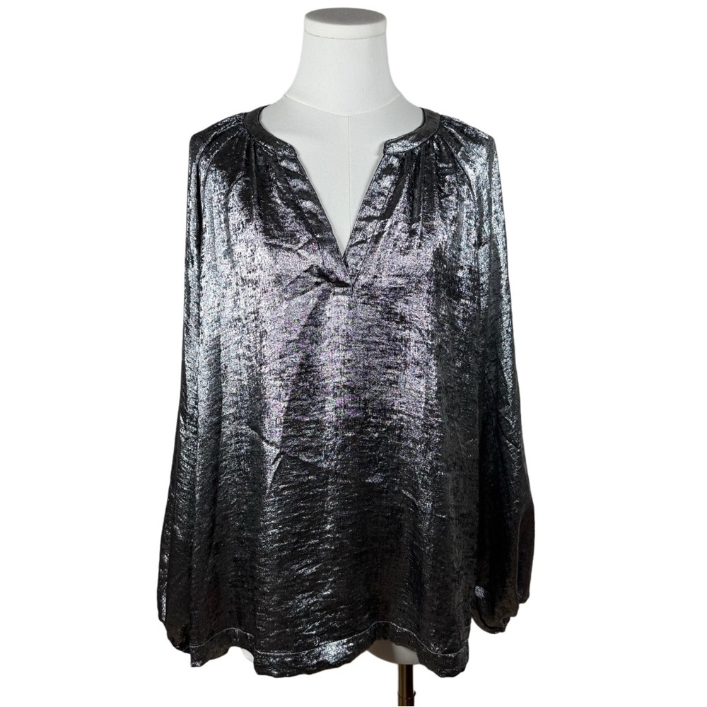 Old Navy Chic Metallic Silver Shine Women's Lightweight Blouse Balloon Sleeve XL